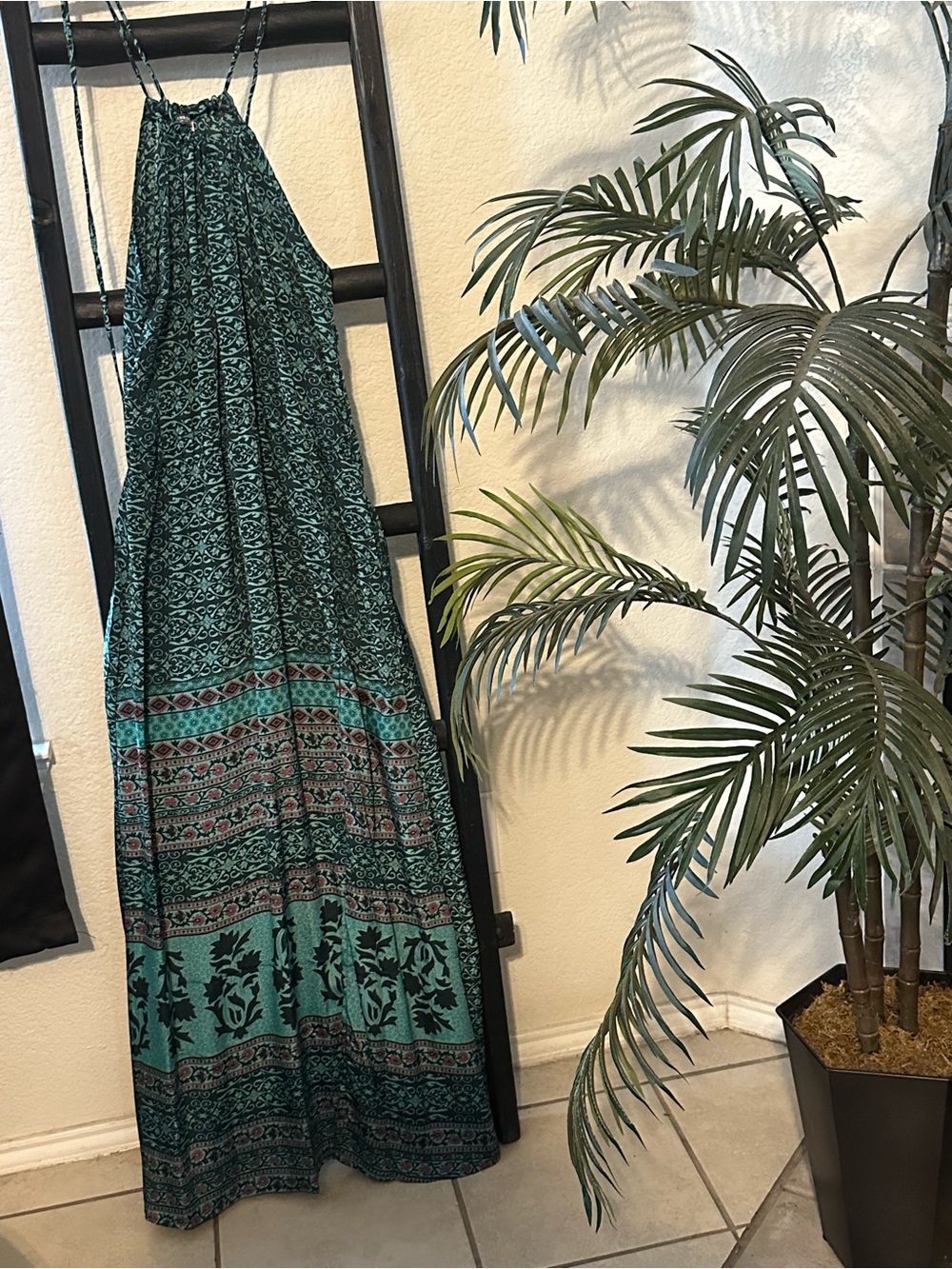 EARTHBOUND Teal and Black Printed Halter Maxi Dress
